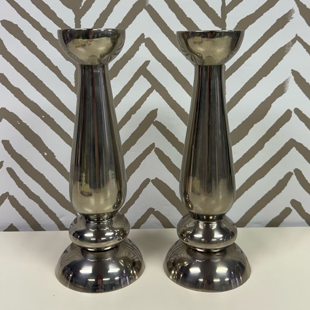 Vintage Modulus Heavy Silvertone Pewter Candlestick Holders Made in India